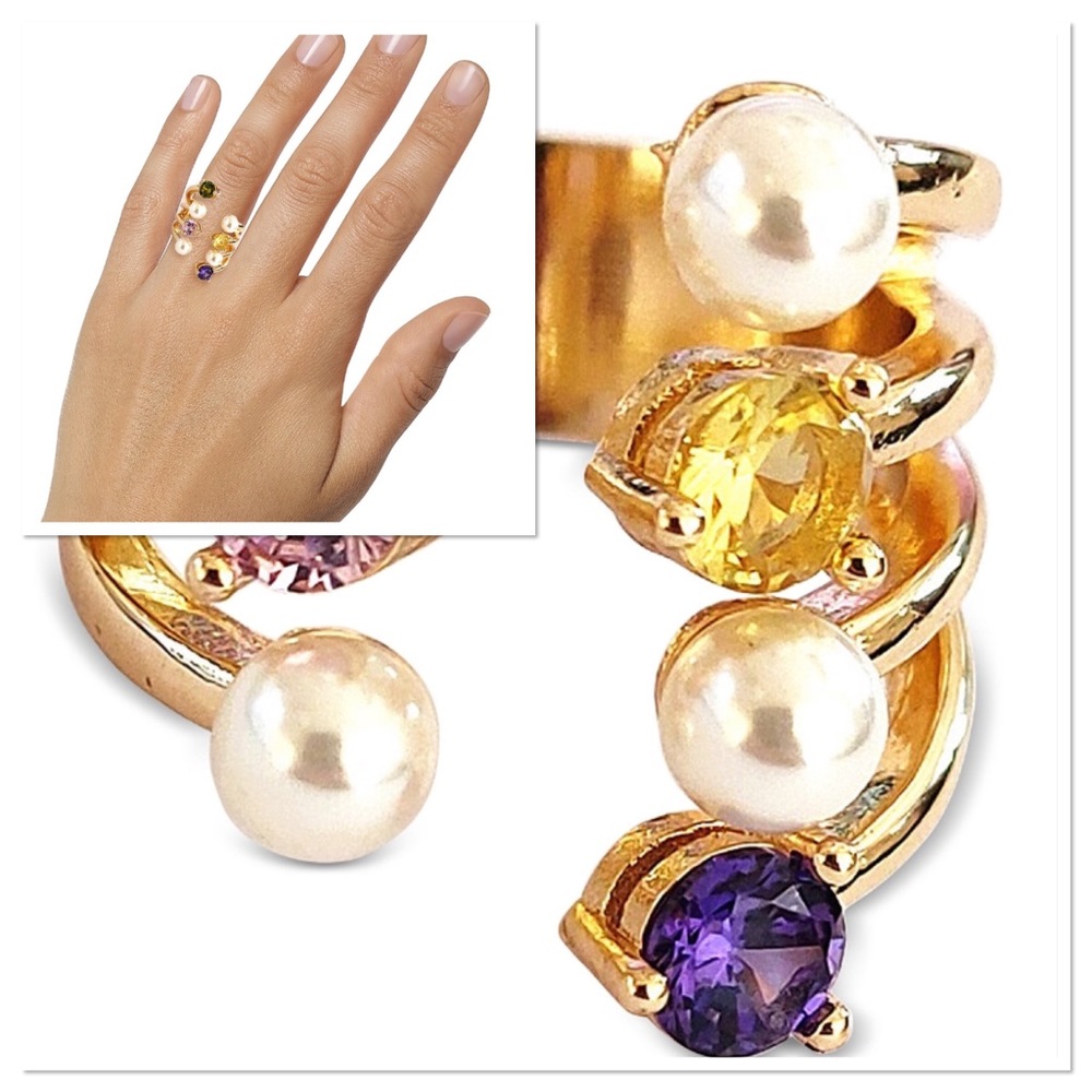 18k GP Multicolored Sapphire Pearl Ring